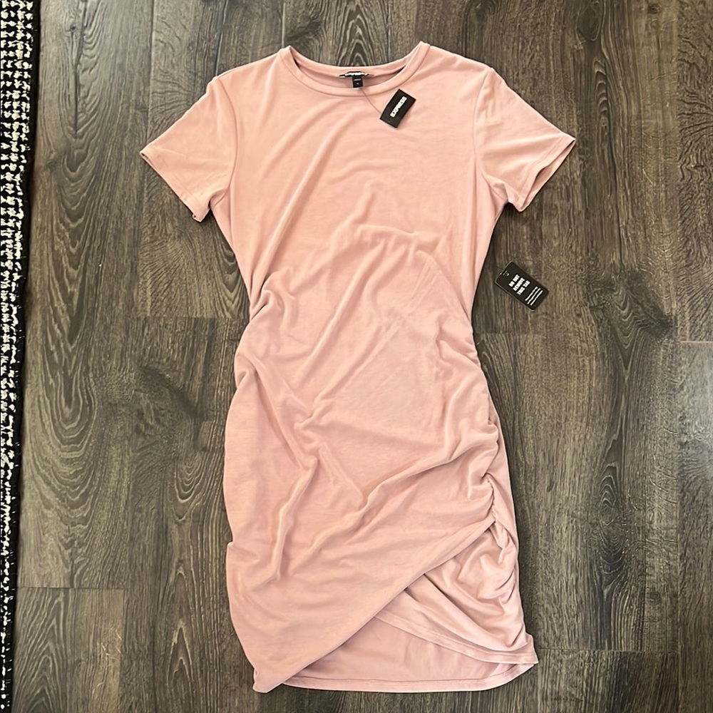 Express Pink Ruched Bodycon Midi Dress